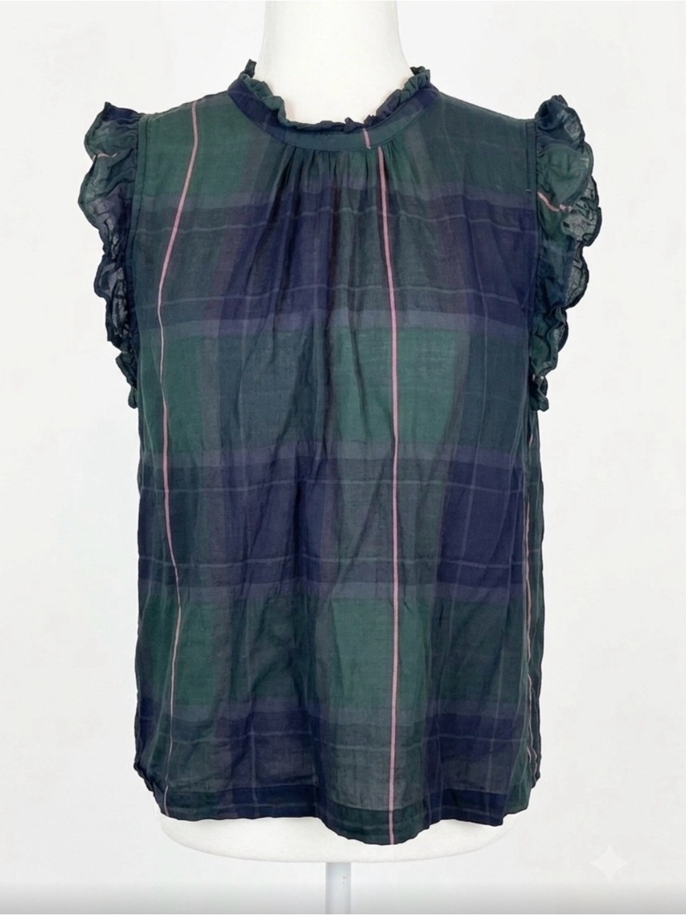 Isabella Sinclair Green Plaid Ruffle Sleeveless Blouse size XS
